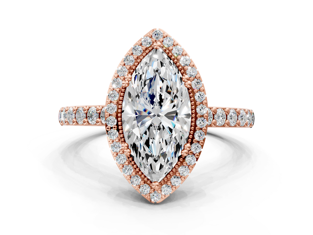 Rose gold Marquise Cut Halo Diamond Ring with Pave Band and Four-Prong Setting_37