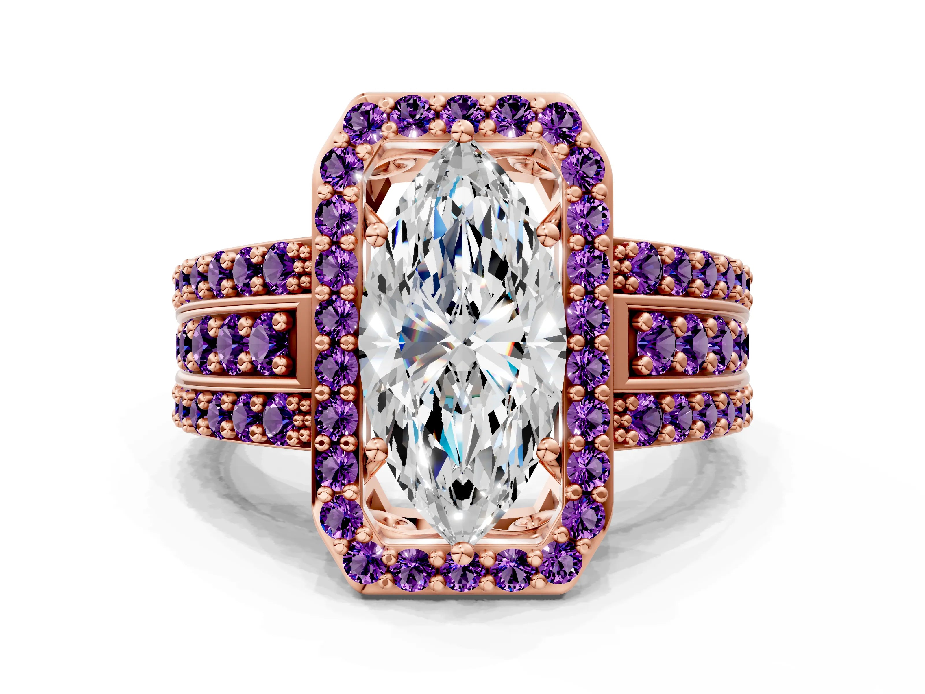 Rose gold Marquise Cut Halo Diamond Ring with Round with Amethyst side stone Split Shank and Prong Setting