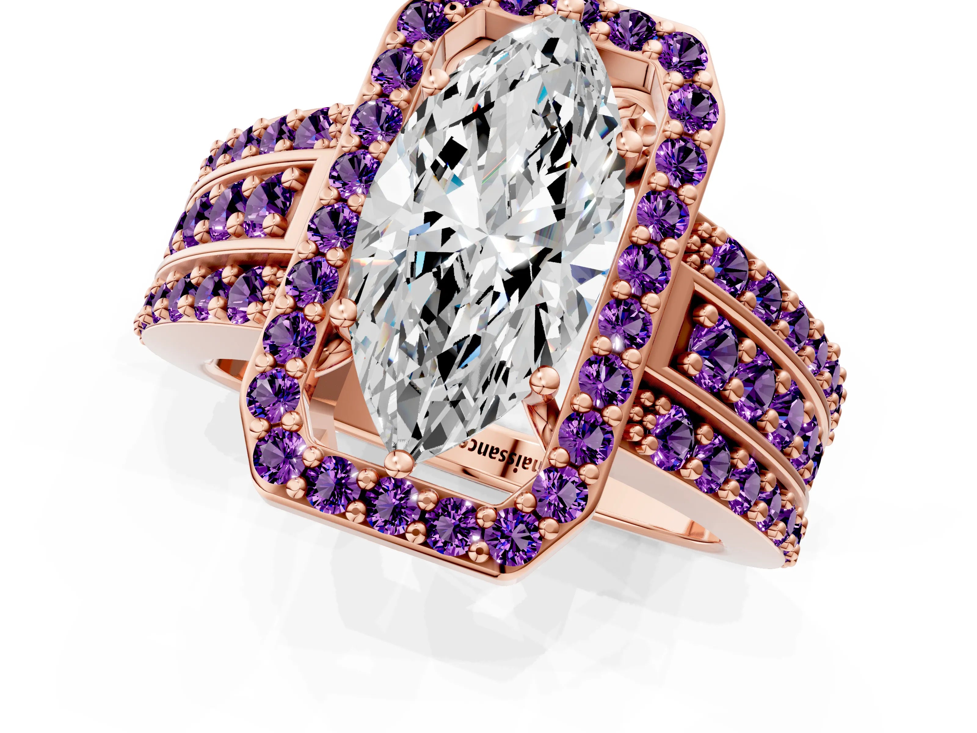 Rose gold Marquise Cut Halo Diamond Ring with Round with Amethyst side stone Split Shank and Prong Setting_1