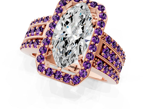Rose gold Marquise Cut Halo Diamond Ring with Round with Amethyst side stone Split Shank and Prong Setting_1