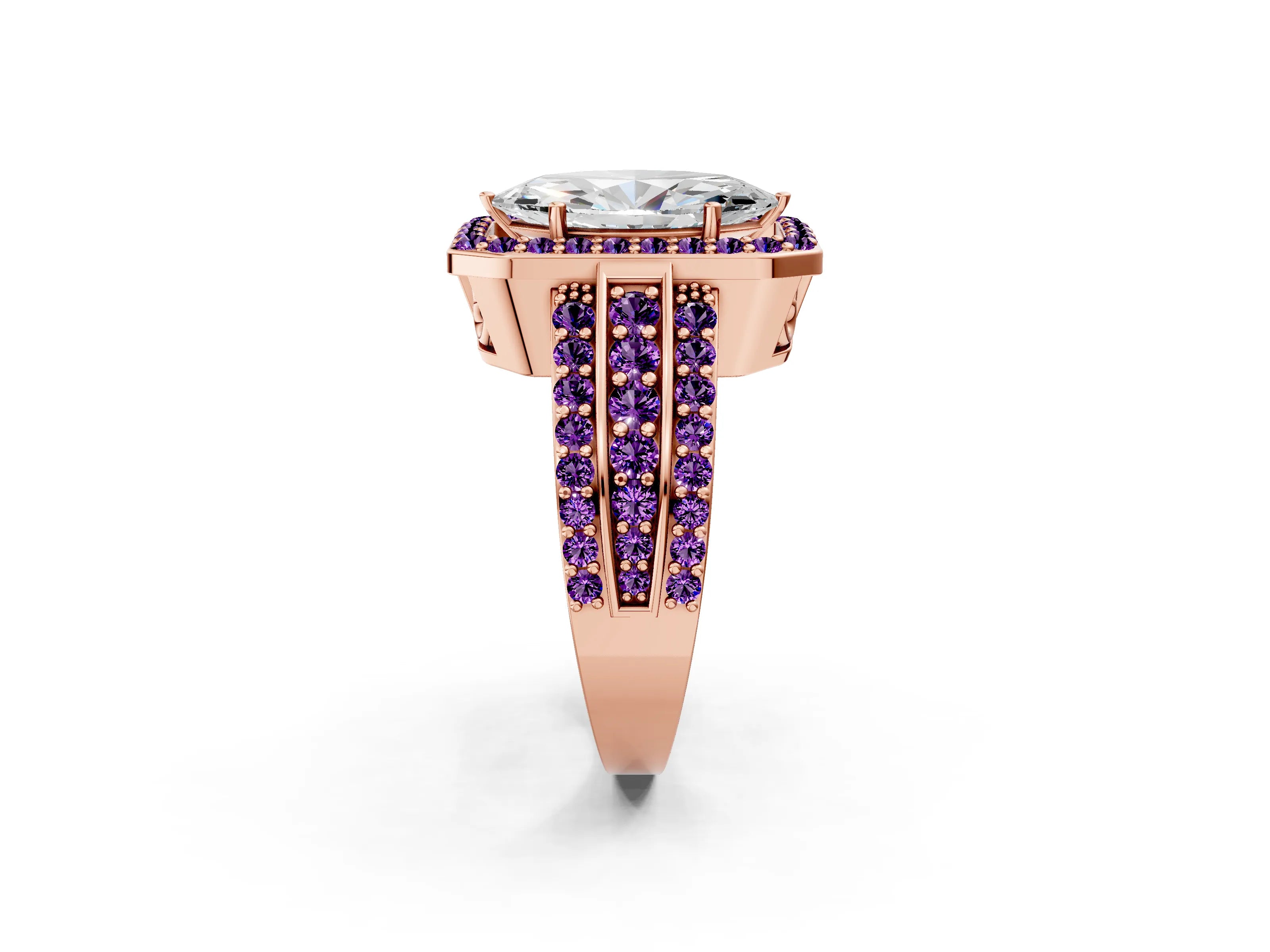 Rose gold Marquise Cut Halo Diamond Ring with Round with Amethyst side stone Split Shank and Prong Setting_2