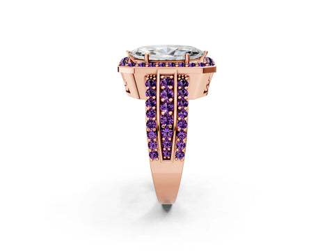 Rose gold Marquise Cut Halo Diamond Ring with Round with Amethyst side stone Split Shank and Prong Setting_2