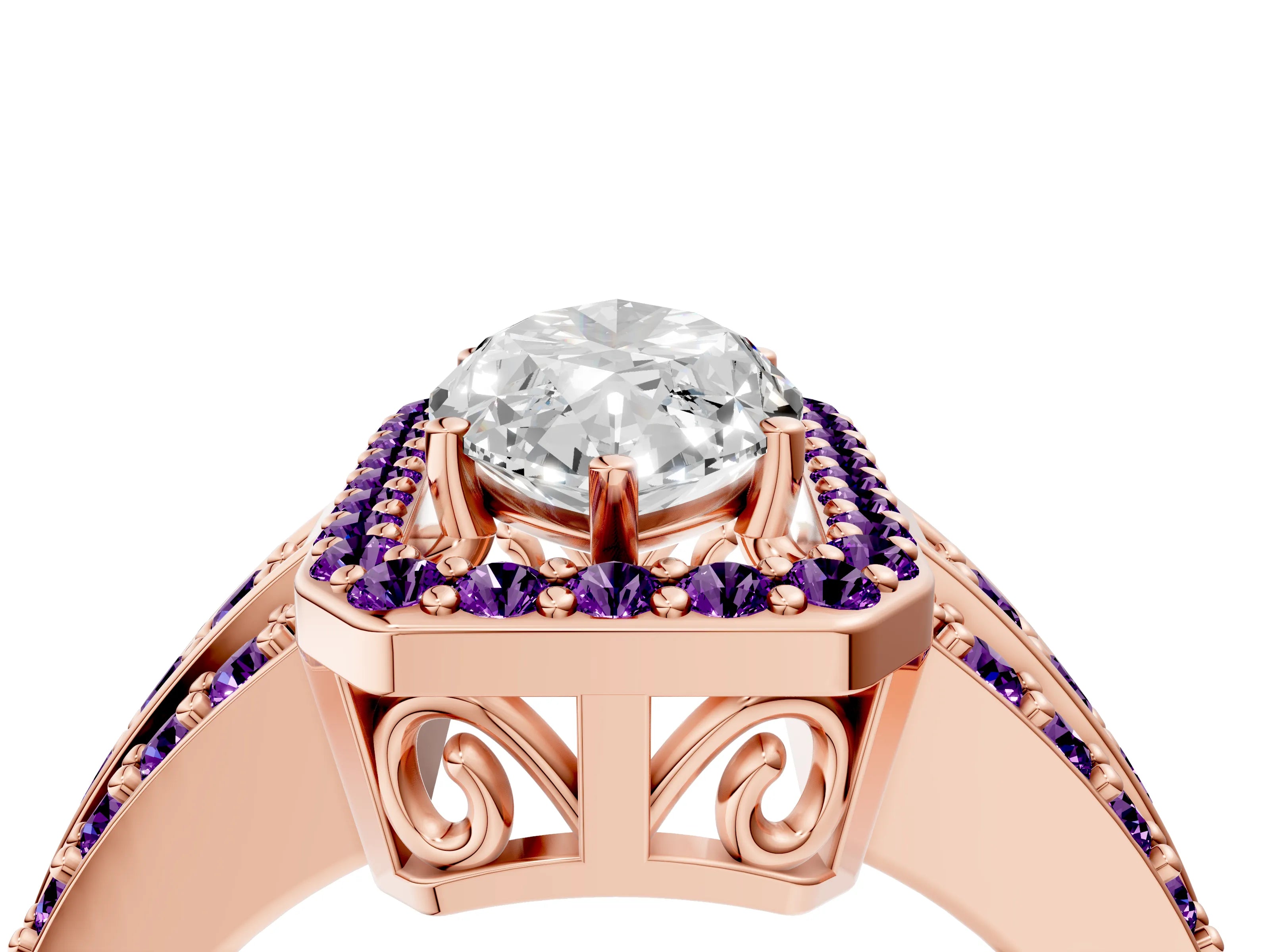 Rose gold Marquise Cut Halo Diamond Ring with Round with Amethyst side stone Split Shank and Prong Setting_4