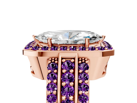 Rose gold Marquise Cut Halo Diamond Ring with Round with Amethyst side stone Split Shank and Prong Setting_5