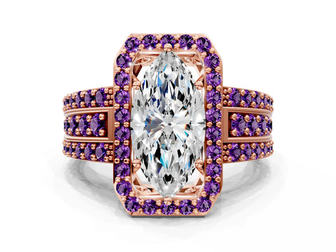 Rose gold Marquise Cut Halo Diamond Ring with Round with Amethyst side stone Split Shank and Prong Setting