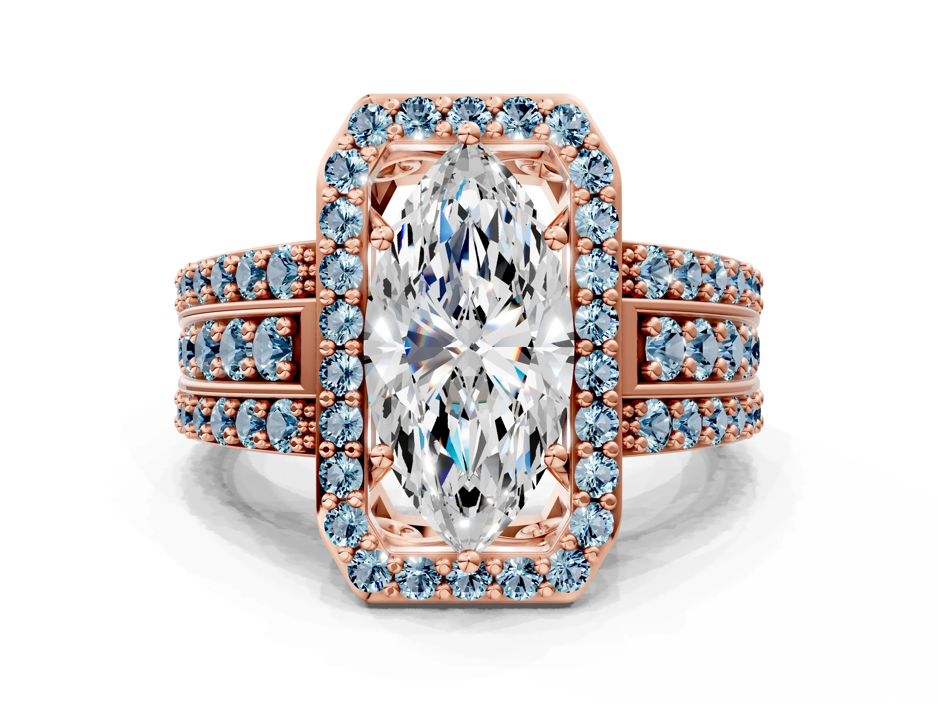 Rose gold Marquise Cut Halo Diamond Ring with Round with Aquamarine side stone Split Shank and Prong Setting