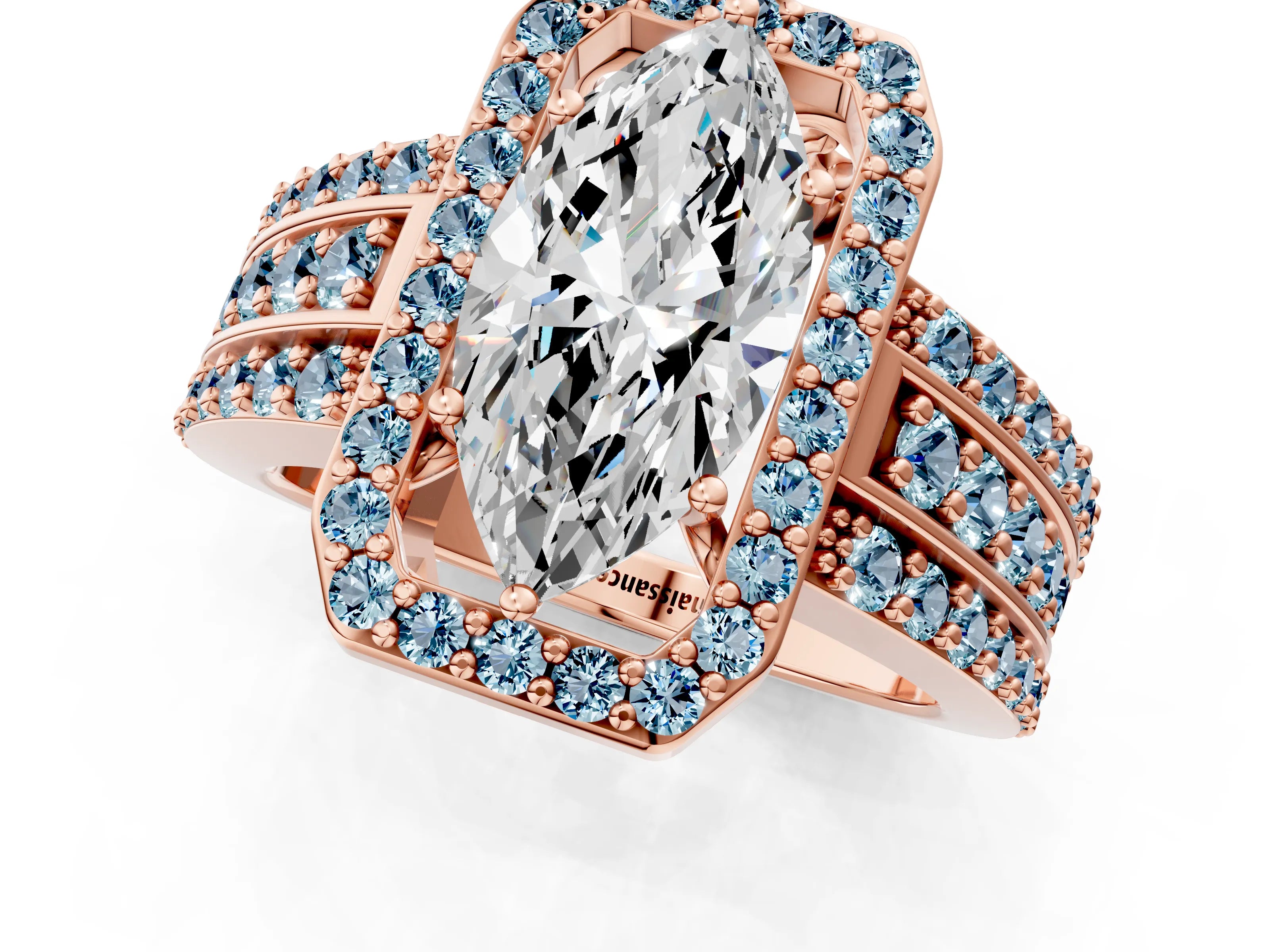Rose gold Marquise Cut Halo Diamond Ring with Round with Aquamarine side stone Split Shank and Prong Setting_1