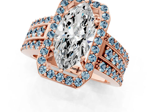 Rose gold Marquise Cut Halo Diamond Ring with Round with Aquamarine side stone Split Shank and Prong Setting_1