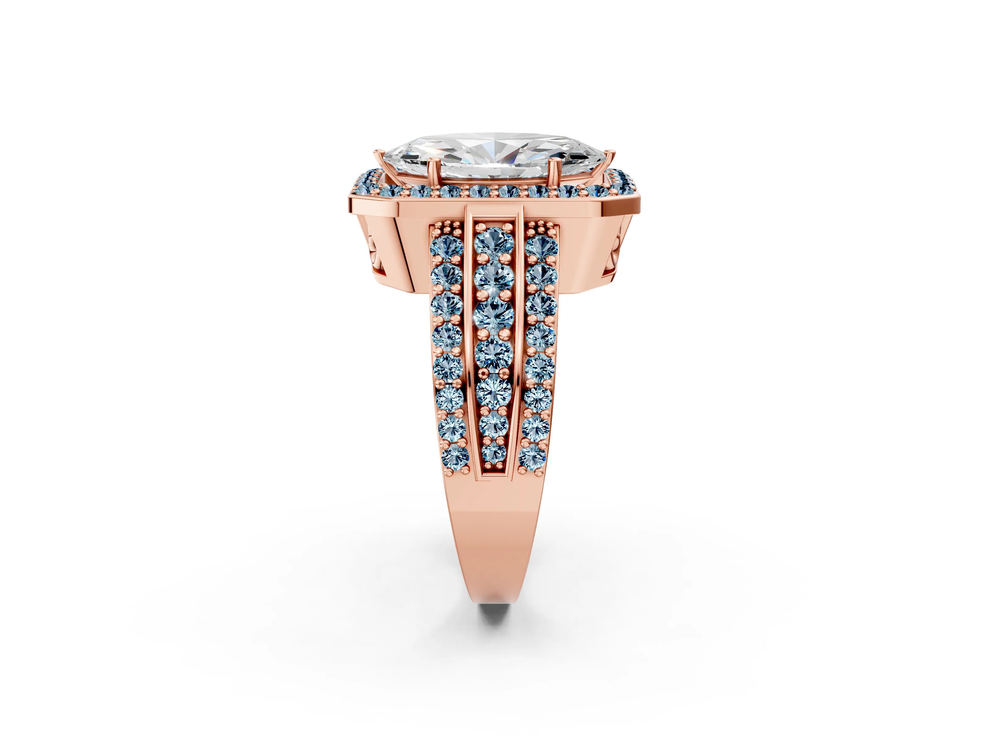 Rose gold Marquise Cut Halo Diamond Ring with Round with Aquamarine side stone Split Shank and Prong Setting_2