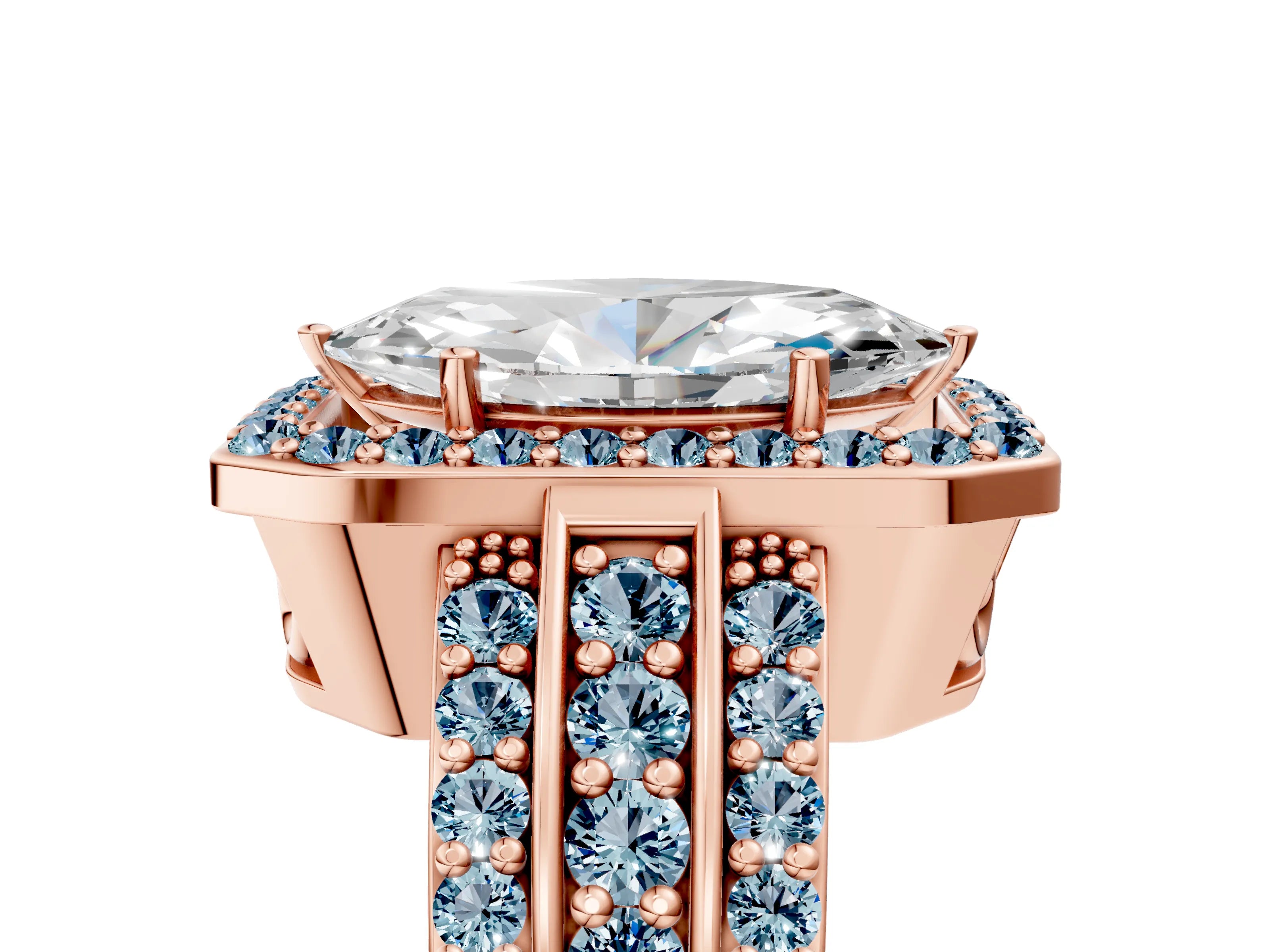 Rose gold Marquise Cut Halo Diamond Ring with Round with Aquamarine side stone Split Shank and Prong Setting_5