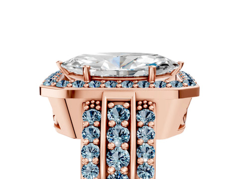 Rose gold Marquise Cut Halo Diamond Ring with Round with Aquamarine side stone Split Shank and Prong Setting_5