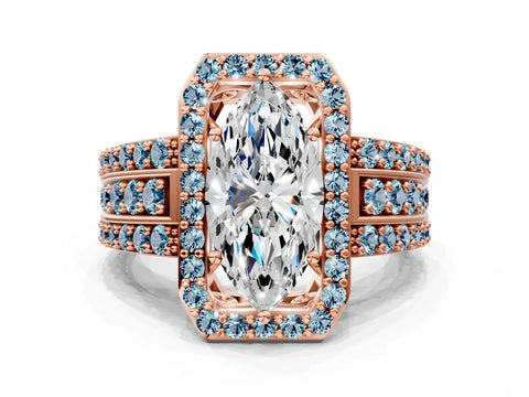 Rose gold Marquise Cut Halo Diamond Ring with Round with Aquamarine side stone Split Shank and Prong Setting