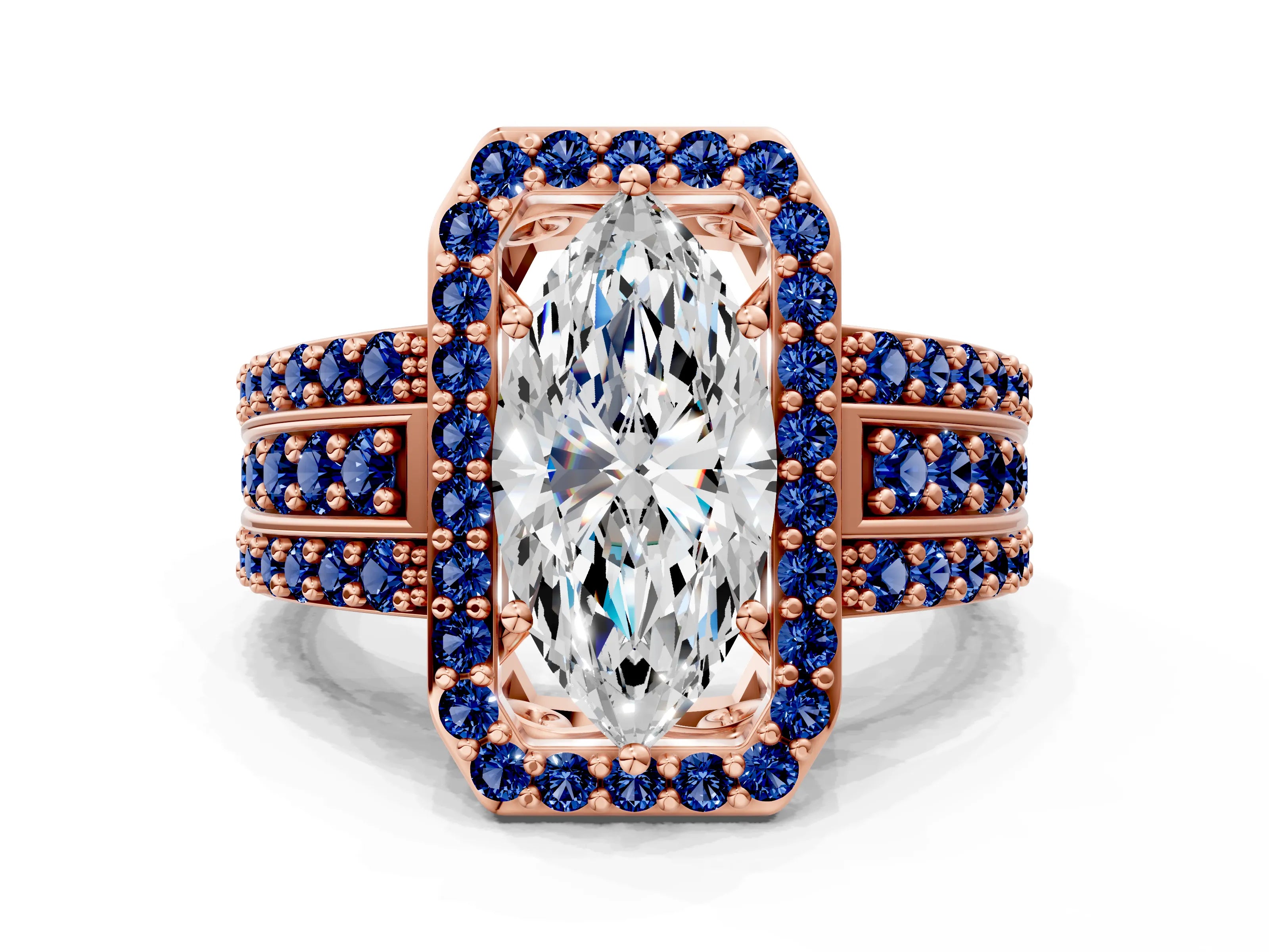Rose gold Marquise Cut Halo Diamond Ring with Round with Blue Sapphire side stone Split Shank and Prong Setting