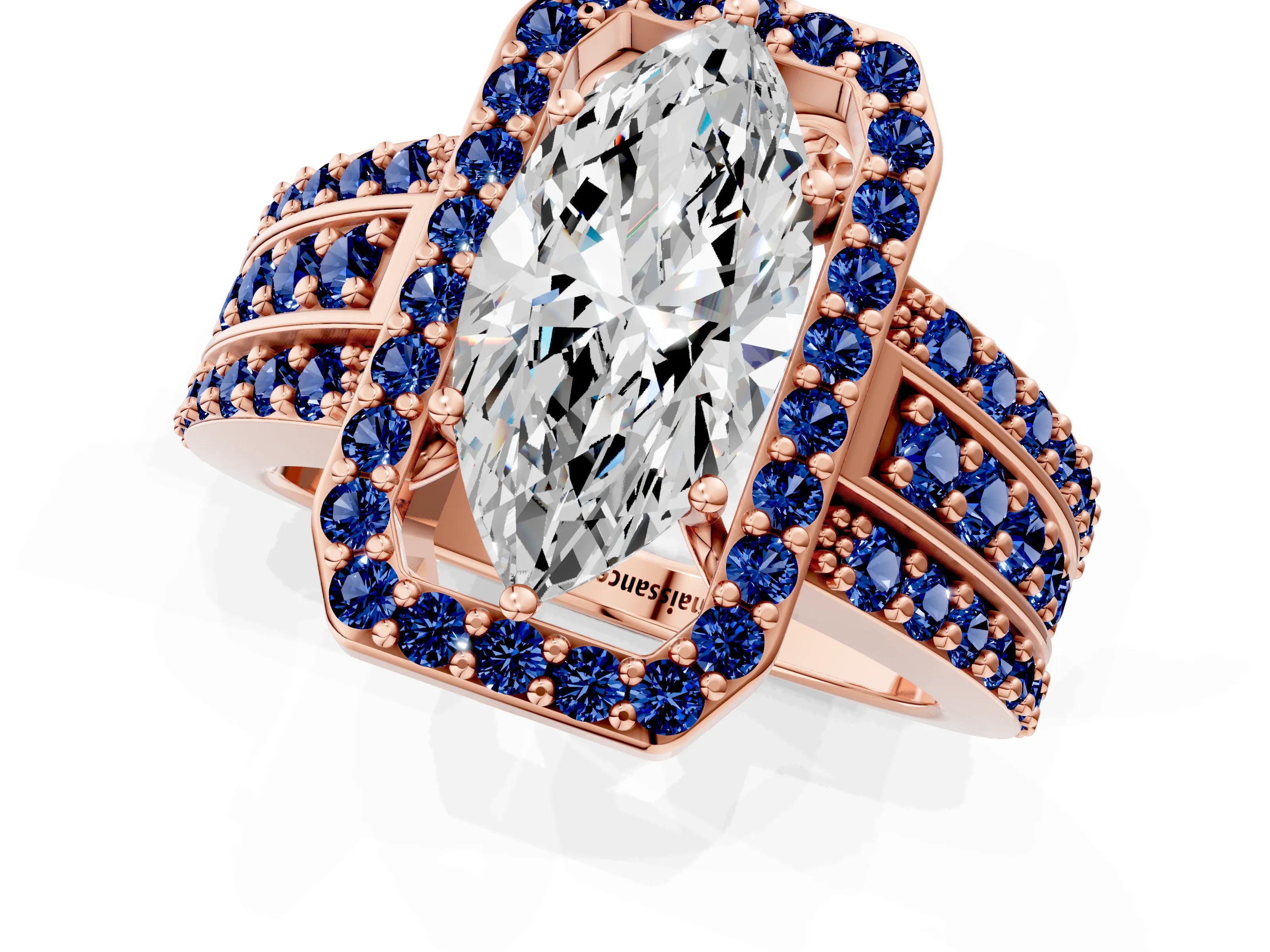 Rose gold Marquise Cut Halo Diamond Ring with Round with Blue Sapphire side stone Split Shank and Prong Setting_1