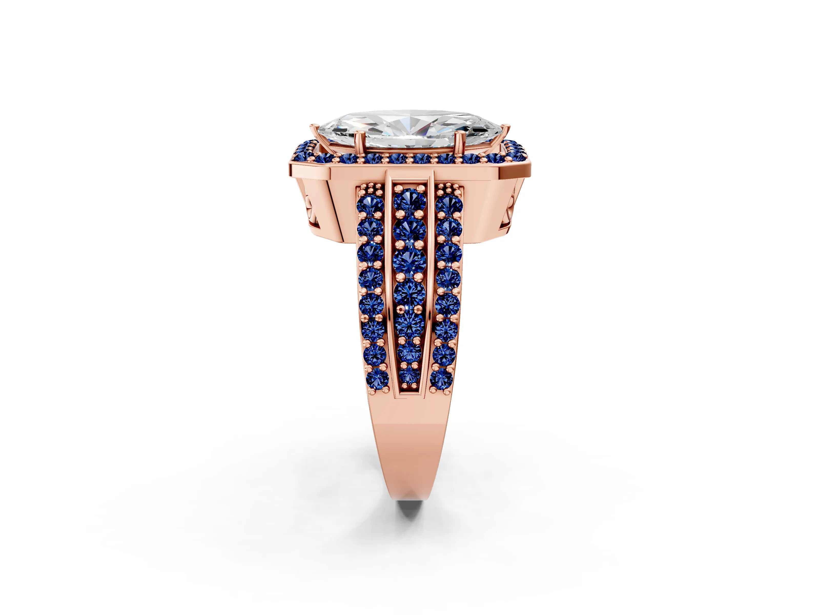 Rose gold Marquise Cut Halo Diamond Ring with Round with Blue Sapphire side stone Split Shank and Prong Setting_2