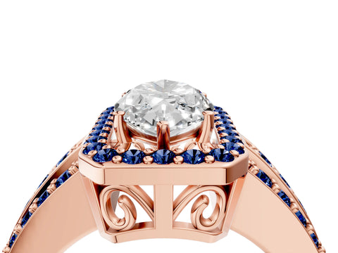 Rose gold Marquise Cut Halo Diamond Ring with Round with Blue Sapphire side stone Split Shank and Prong Setting_4