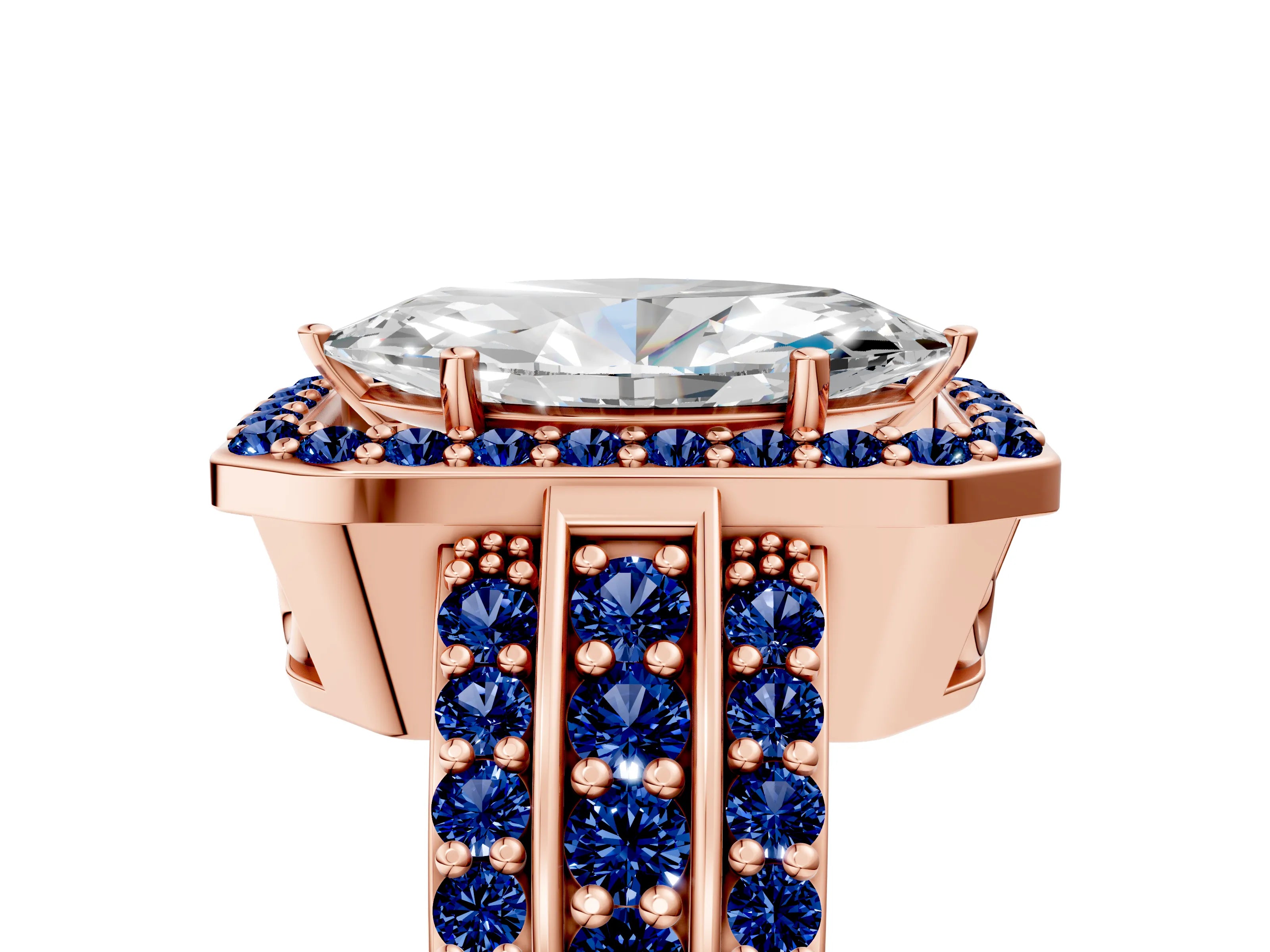 Rose gold Marquise Cut Halo Diamond Ring with Round with Blue Sapphire side stone Split Shank and Prong Setting_5