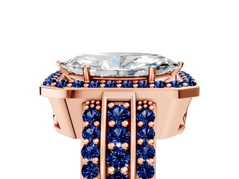 Rose gold Marquise Cut Halo Diamond Ring with Round with Blue Sapphire side stone Split Shank and Prong Setting_5