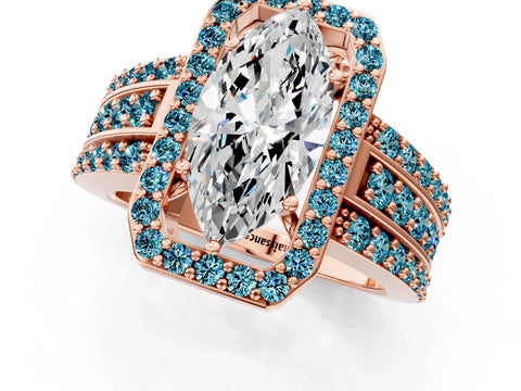 Rose gold Marquise Cut Halo Diamond Ring with Round with Blue Topaz side stone Split Shank and Prong Setting_1