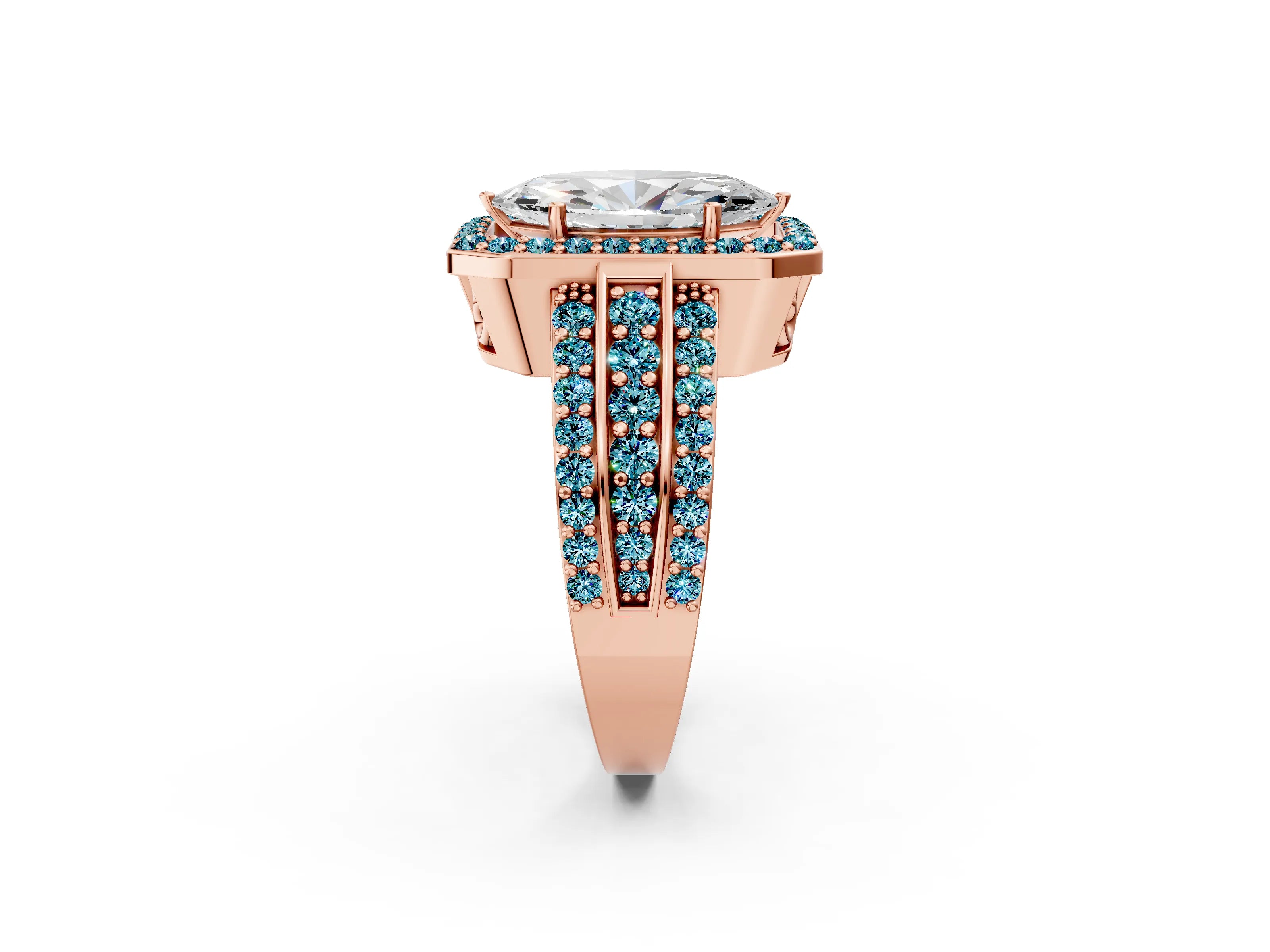 Rose gold Marquise Cut Halo Diamond Ring with Round with Blue Topaz side stone Split Shank and Prong Setting_2