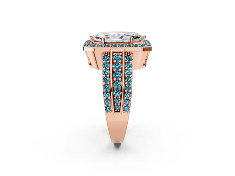 Rose gold Marquise Cut Halo Diamond Ring with Round with Blue Topaz side stone Split Shank and Prong Setting_2