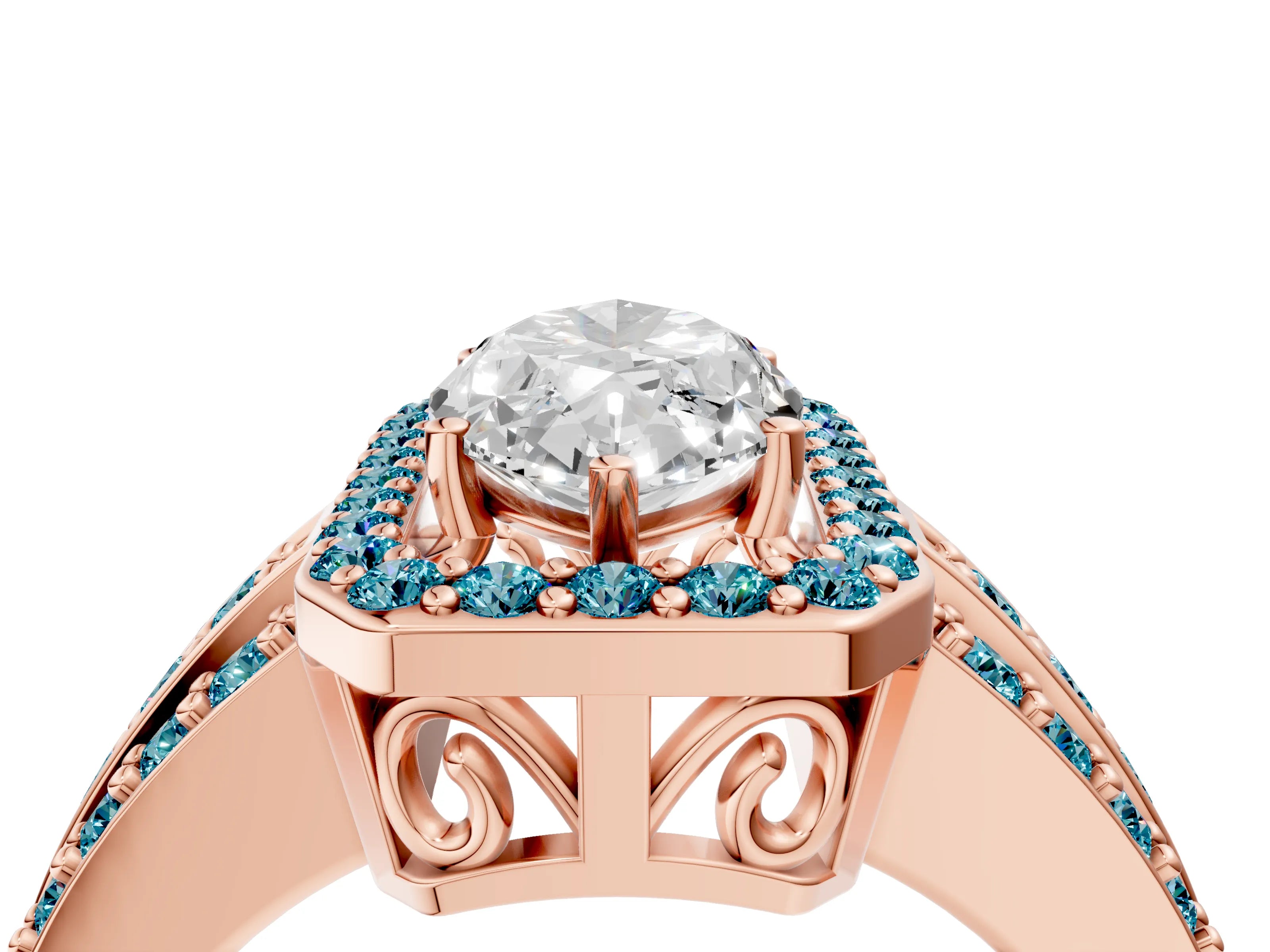 Rose gold Marquise Cut Halo Diamond Ring with Round with Blue Topaz side stone Split Shank and Prong Setting_4