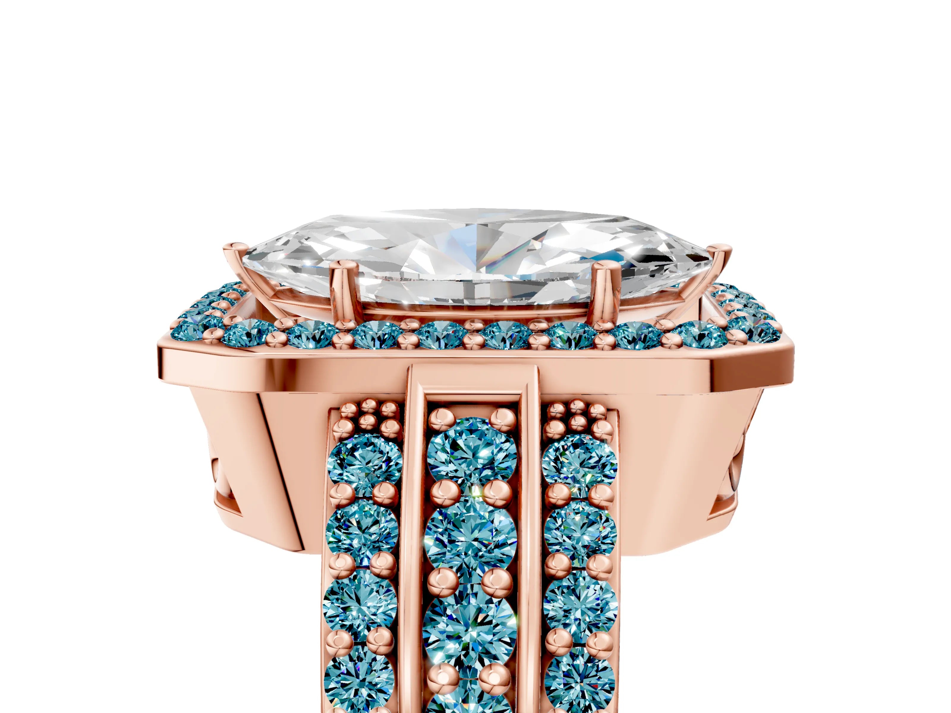 Rose gold Marquise Cut Halo Diamond Ring with Round with Blue Topaz side stone Split Shank and Prong Setting_5