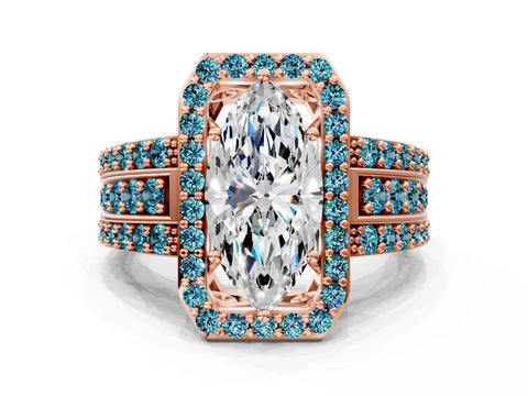 Rose gold Marquise Cut Halo Diamond Ring with Round with Blue Topaz side stone Split Shank and Prong Setting
