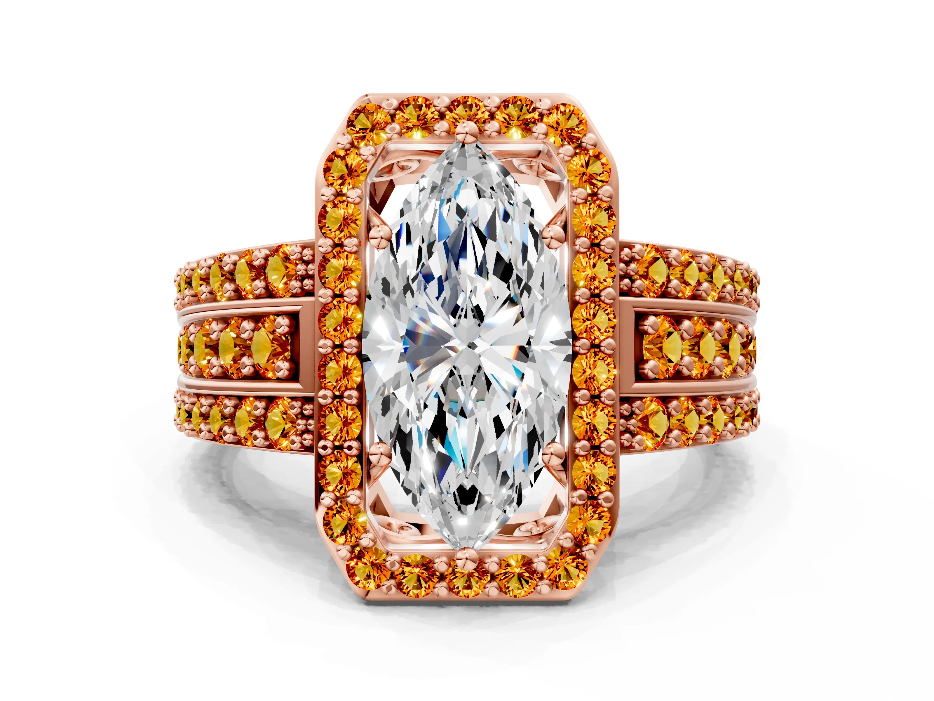 Rose gold Marquise Cut Halo Diamond Ring with Round with Citrine side stone Split Shank and Prong Setting