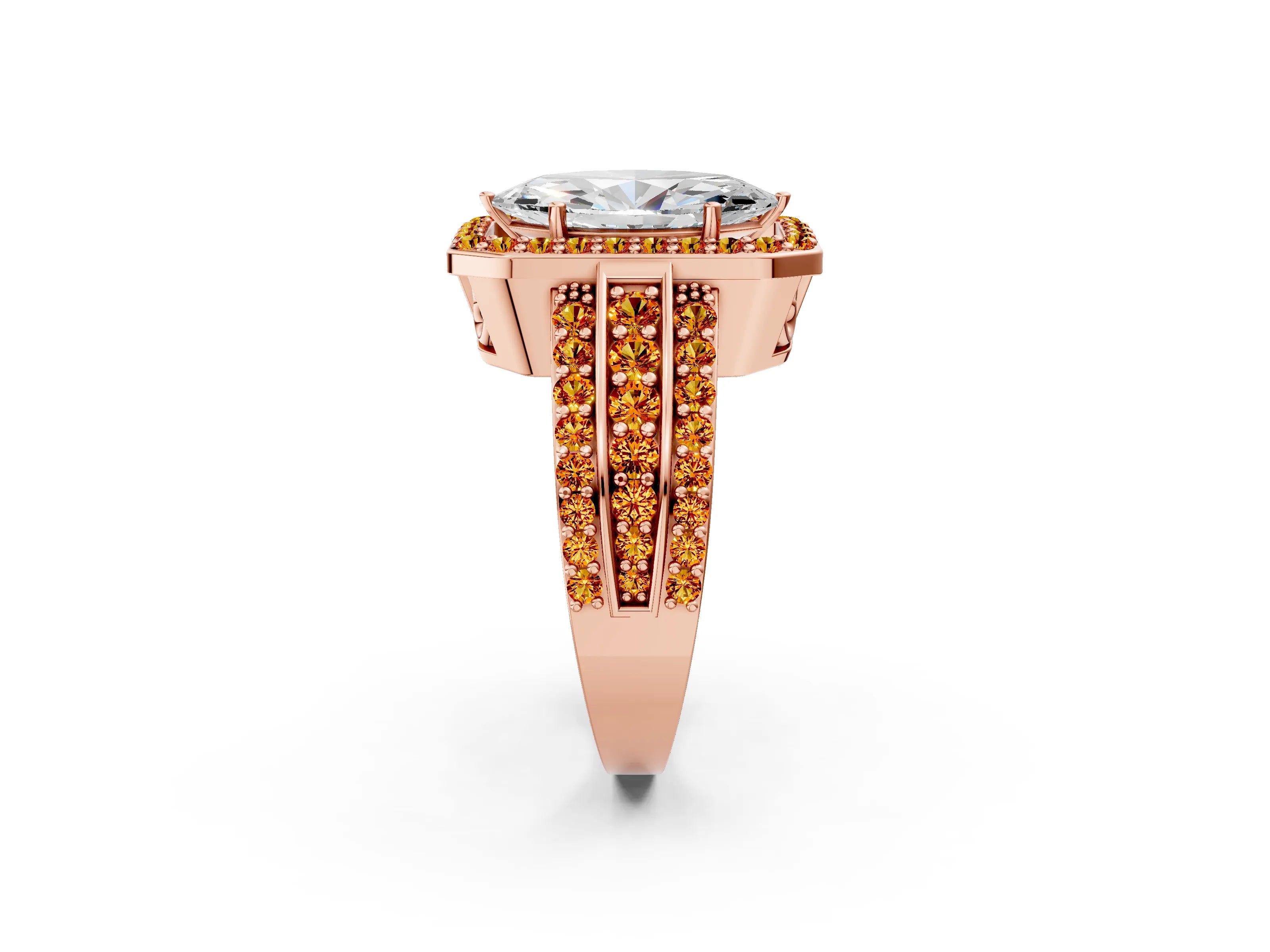 Rose gold Marquise Cut Halo Diamond Ring with Round with Citrine side stone Split Shank and Prong Setting_2