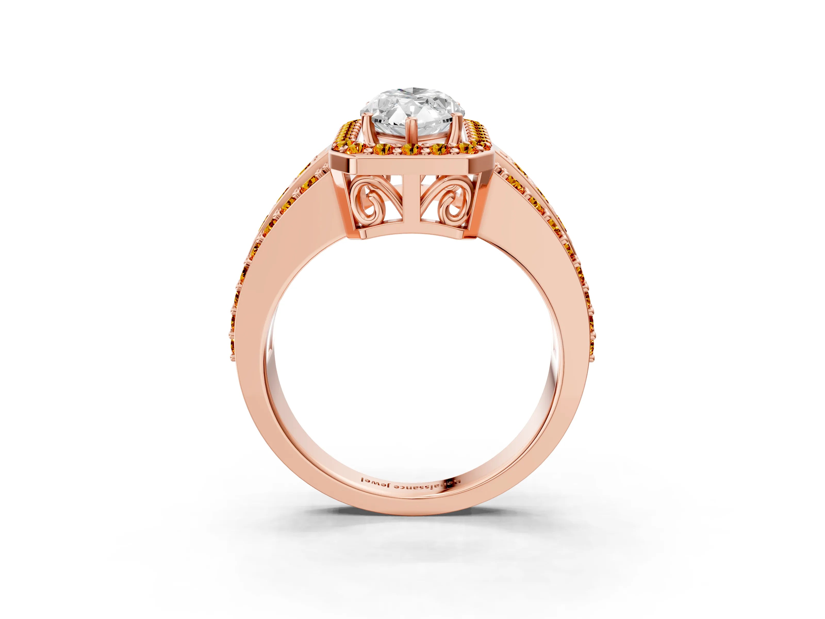 Rose gold Marquise Cut Halo Diamond Ring with Round with Citrine side stone Split Shank and Prong Setting_3