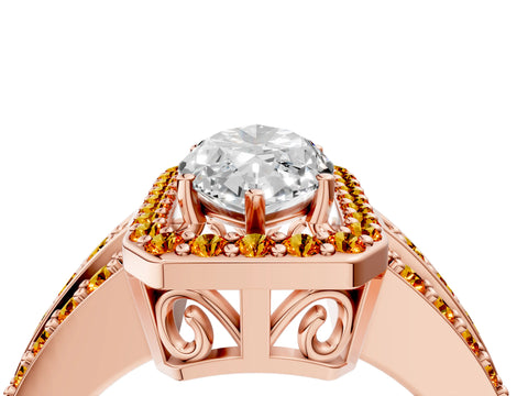 Rose gold Marquise Cut Halo Diamond Ring with Round with Citrine side stone Split Shank and Prong Setting_4
