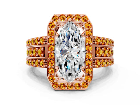 Rose gold Marquise Cut Halo Diamond Ring with Round with Citrine side stone Split Shank and Prong Setting