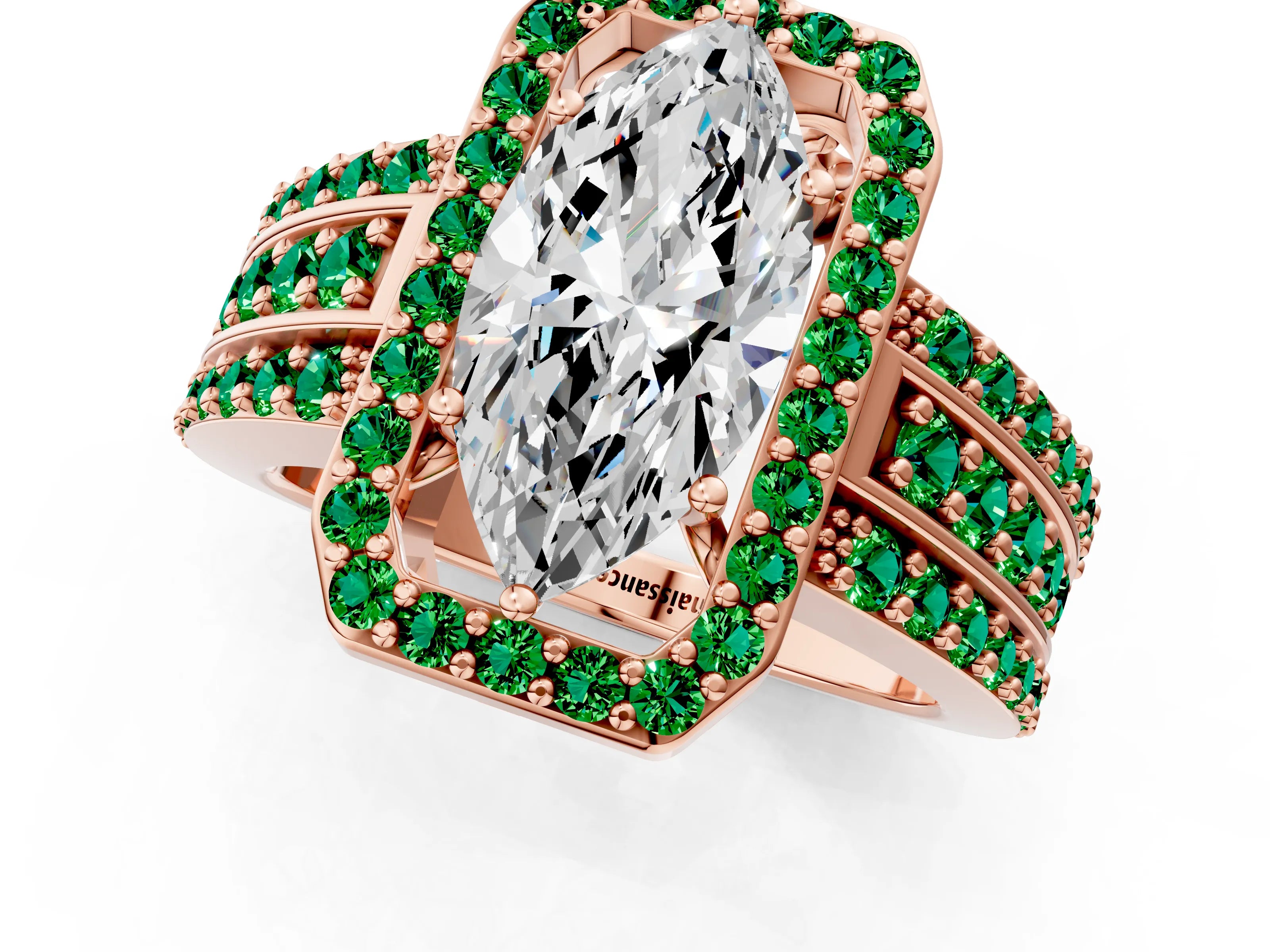 Rose gold Marquise Cut Halo Diamond Ring with Round with Emerald side stone Split Shank and Prong Setting_1