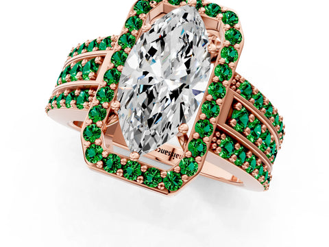 Rose gold Marquise Cut Halo Diamond Ring with Round with Emerald side stone Split Shank and Prong Setting_1