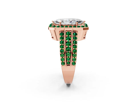 Rose gold Marquise Cut Halo Diamond Ring with Round with Emerald side stone Split Shank and Prong Setting_2