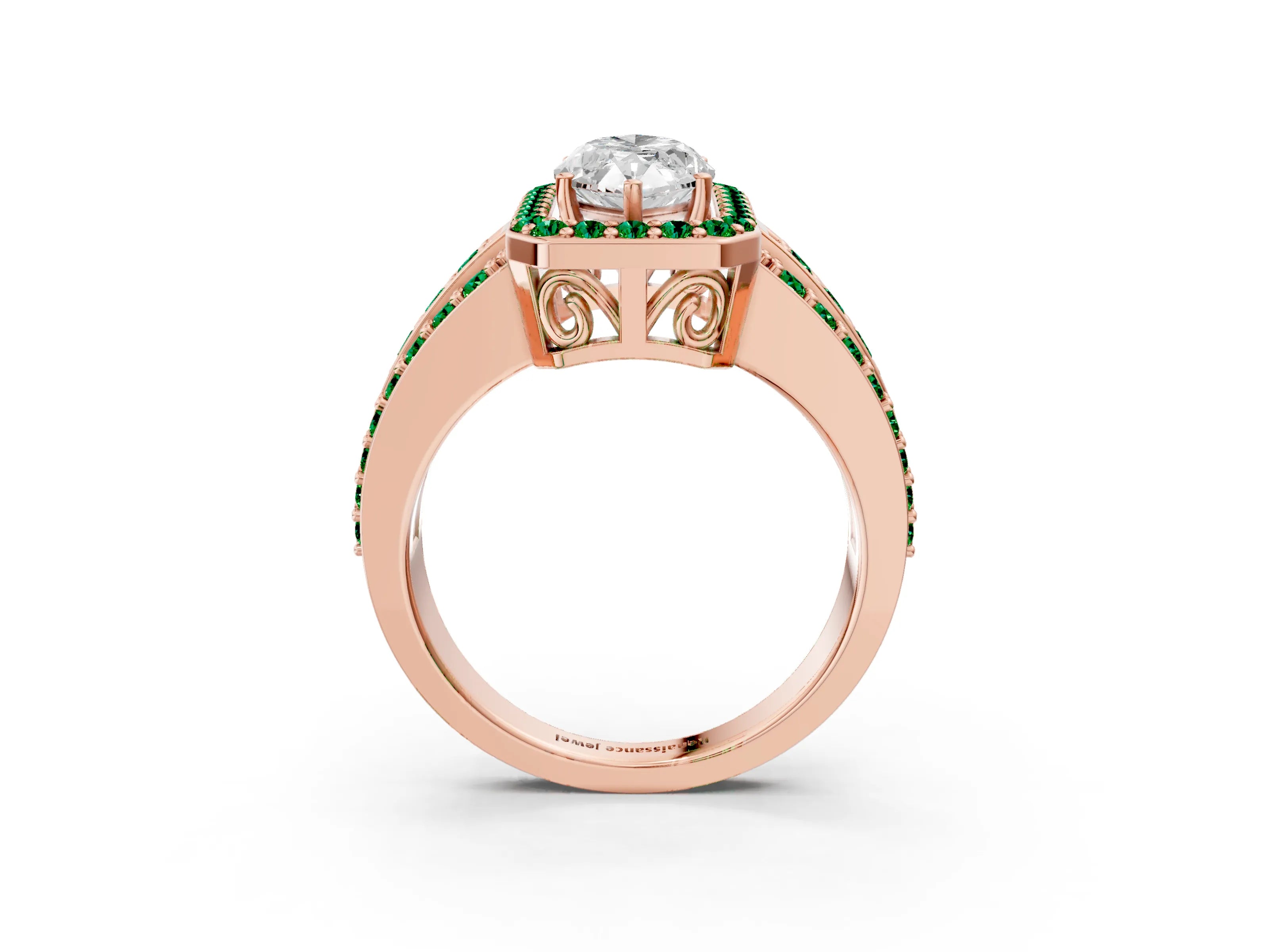 Rose gold Marquise Cut Halo Diamond Ring with Round with Emerald side stone Split Shank and Prong Setting_3