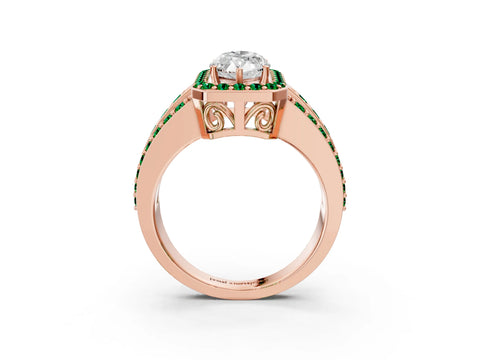 Rose gold Marquise Cut Halo Diamond Ring with Round with Emerald side stone Split Shank and Prong Setting_3