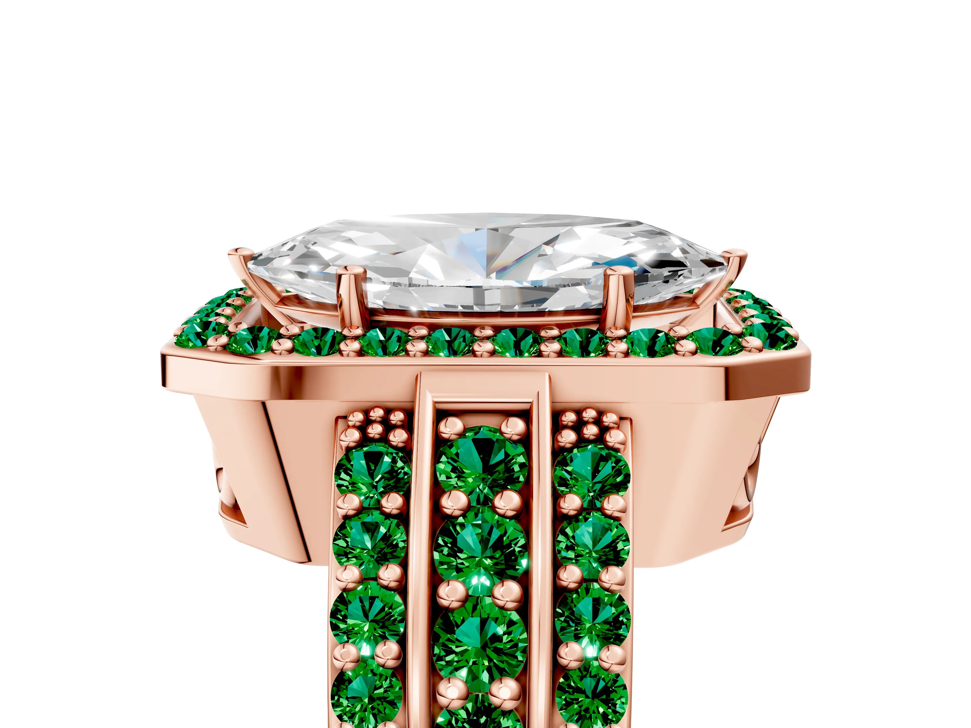 Rose gold Marquise Cut Halo Diamond Ring with Round with Emerald side stone Split Shank and Prong Setting_5