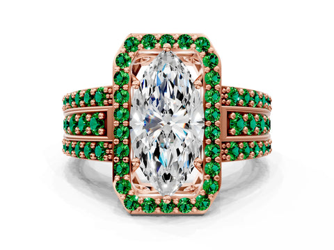 Rose gold Marquise Cut Halo Diamond Ring with Round with Emerald side stone Split Shank and Prong Setting