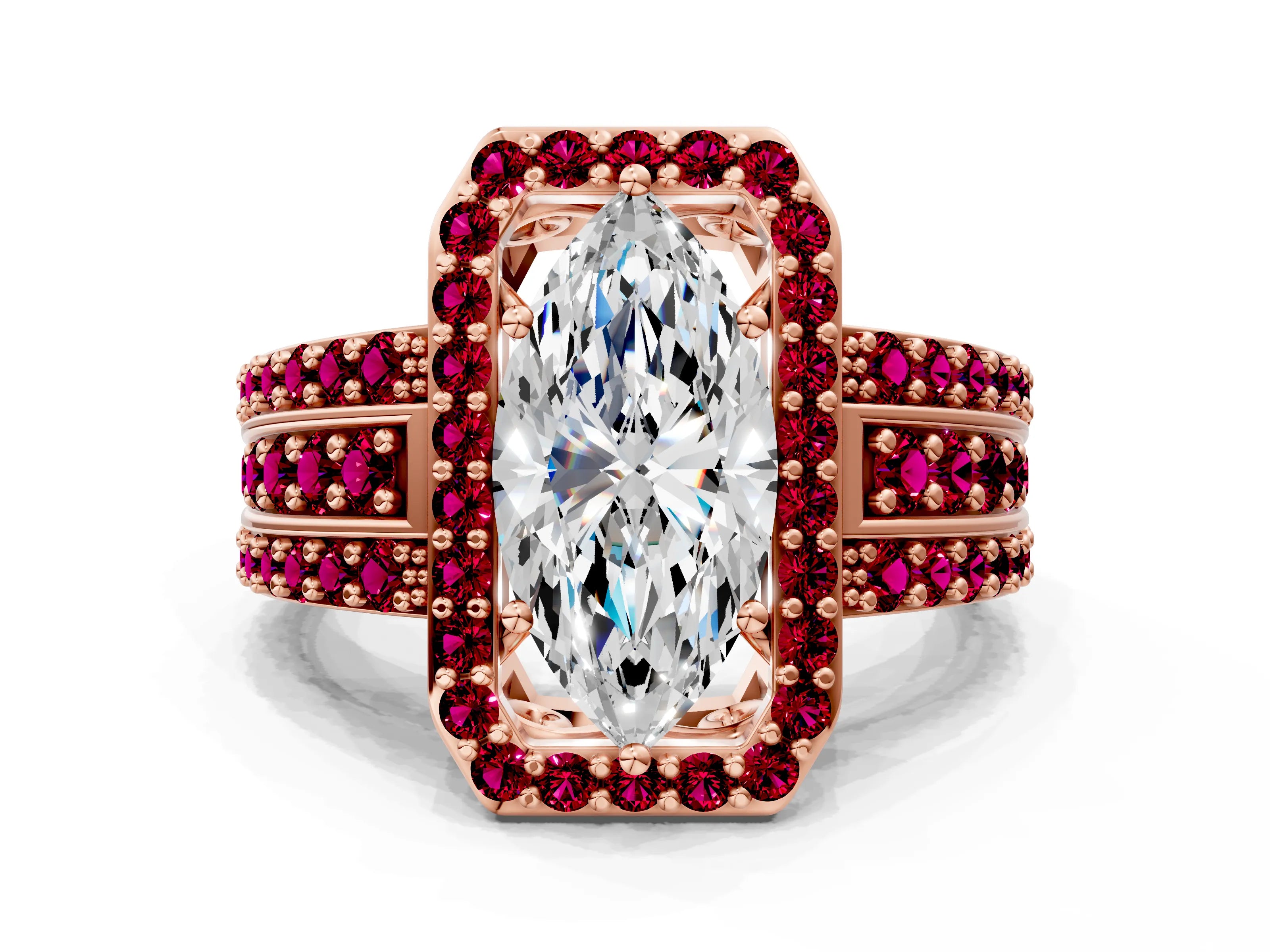 Rose gold Marquise Cut Halo Diamond Ring with Round with Garnet side stone Split Shank and Prong Setting