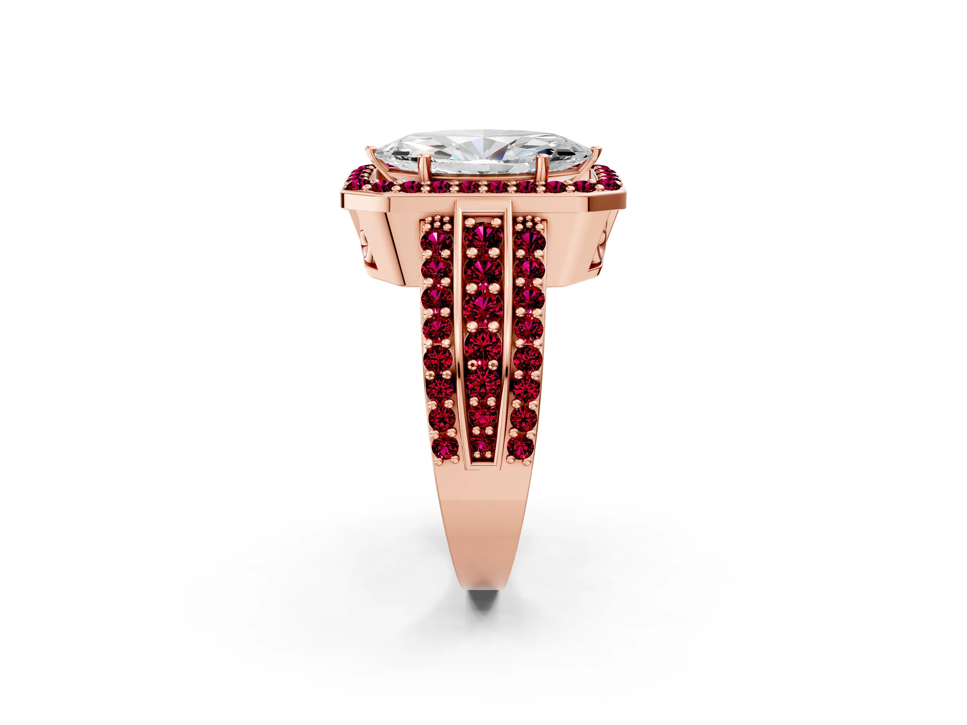 Rose gold Marquise Cut Halo Diamond Ring with Round with Garnet side stone Split Shank and Prong Setting_2