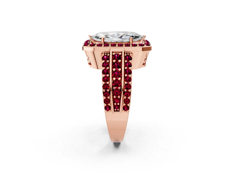 Rose gold Marquise Cut Halo Diamond Ring with Round with Garnet side stone Split Shank and Prong Setting_2