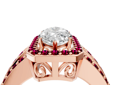Rose gold Marquise Cut Halo Diamond Ring with Round with Garnet side stone Split Shank and Prong Setting_4