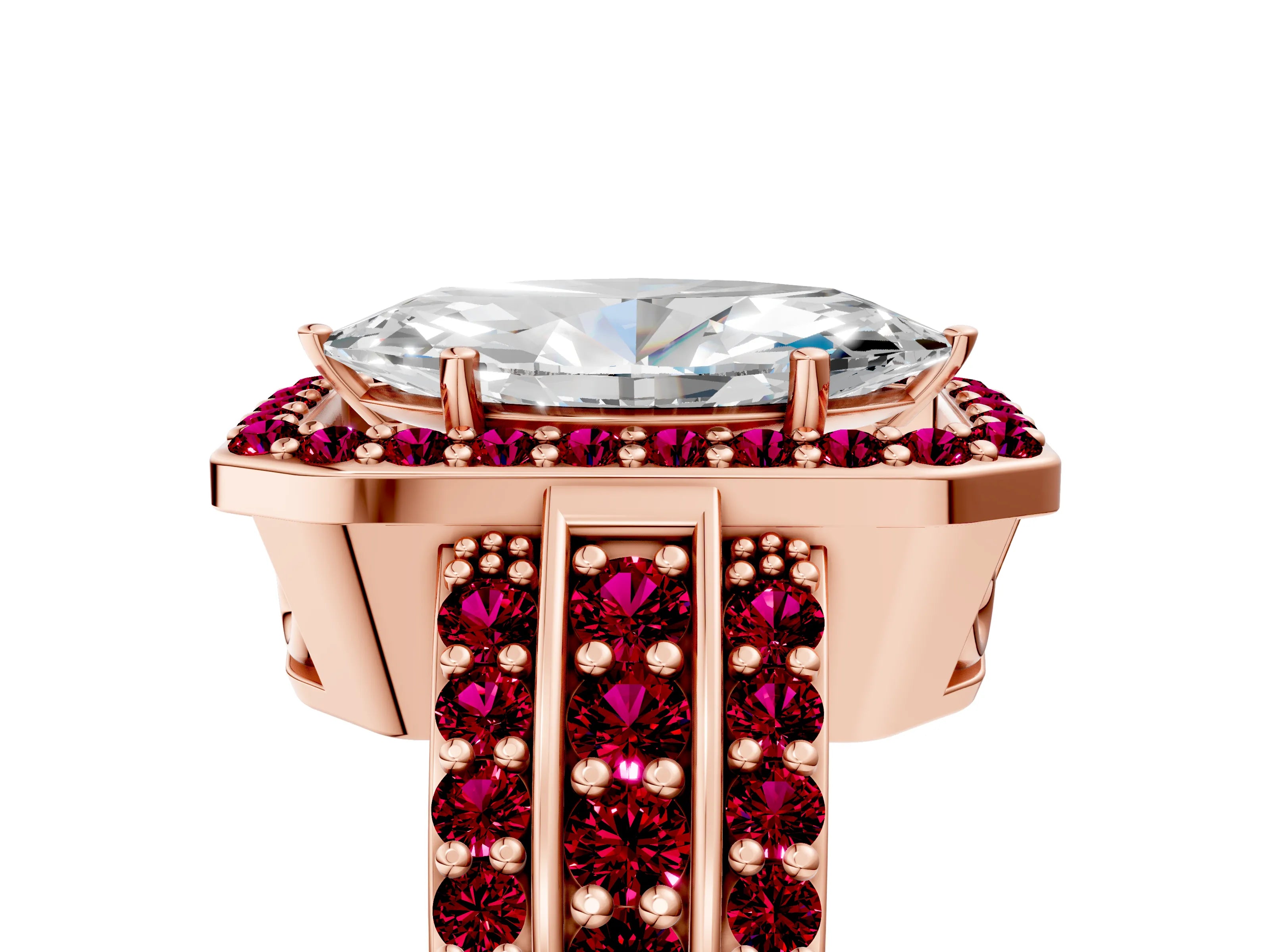 Rose gold Marquise Cut Halo Diamond Ring with Round with Garnet side stone Split Shank and Prong Setting_5