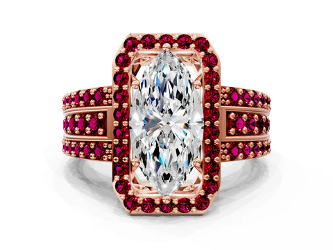 Rose gold Marquise Cut Halo Diamond Ring with Round with Garnet side stone Split Shank and Prong Setting
