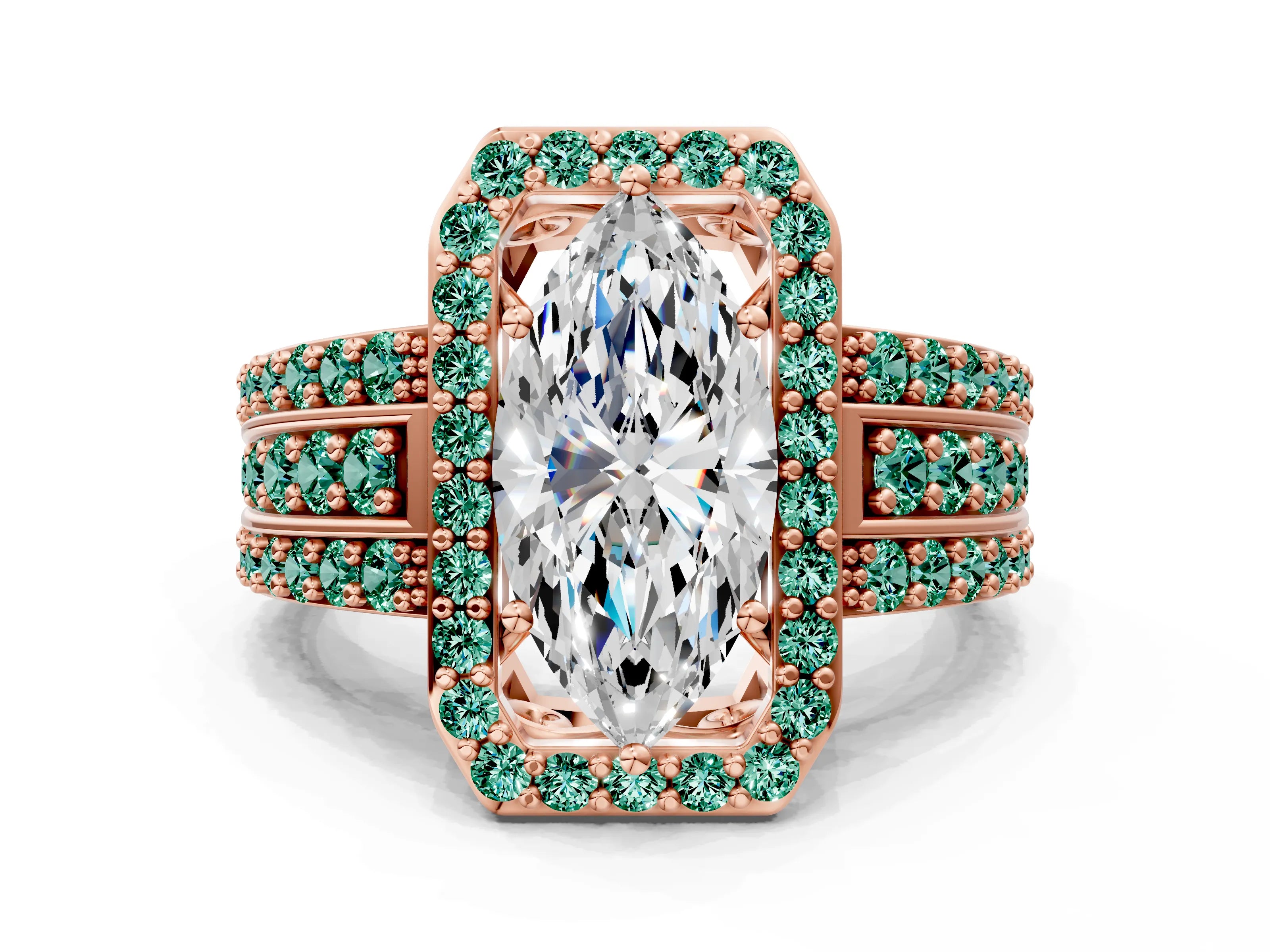 Rose gold Marquise Cut Halo Diamond Ring with Round with Green Sapphire side stone Split Shank and Prong Setting