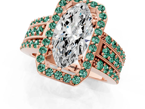 Rose gold Marquise Cut Halo Diamond Ring with Round with Green Sapphire side stone Split Shank and Prong Setting_1