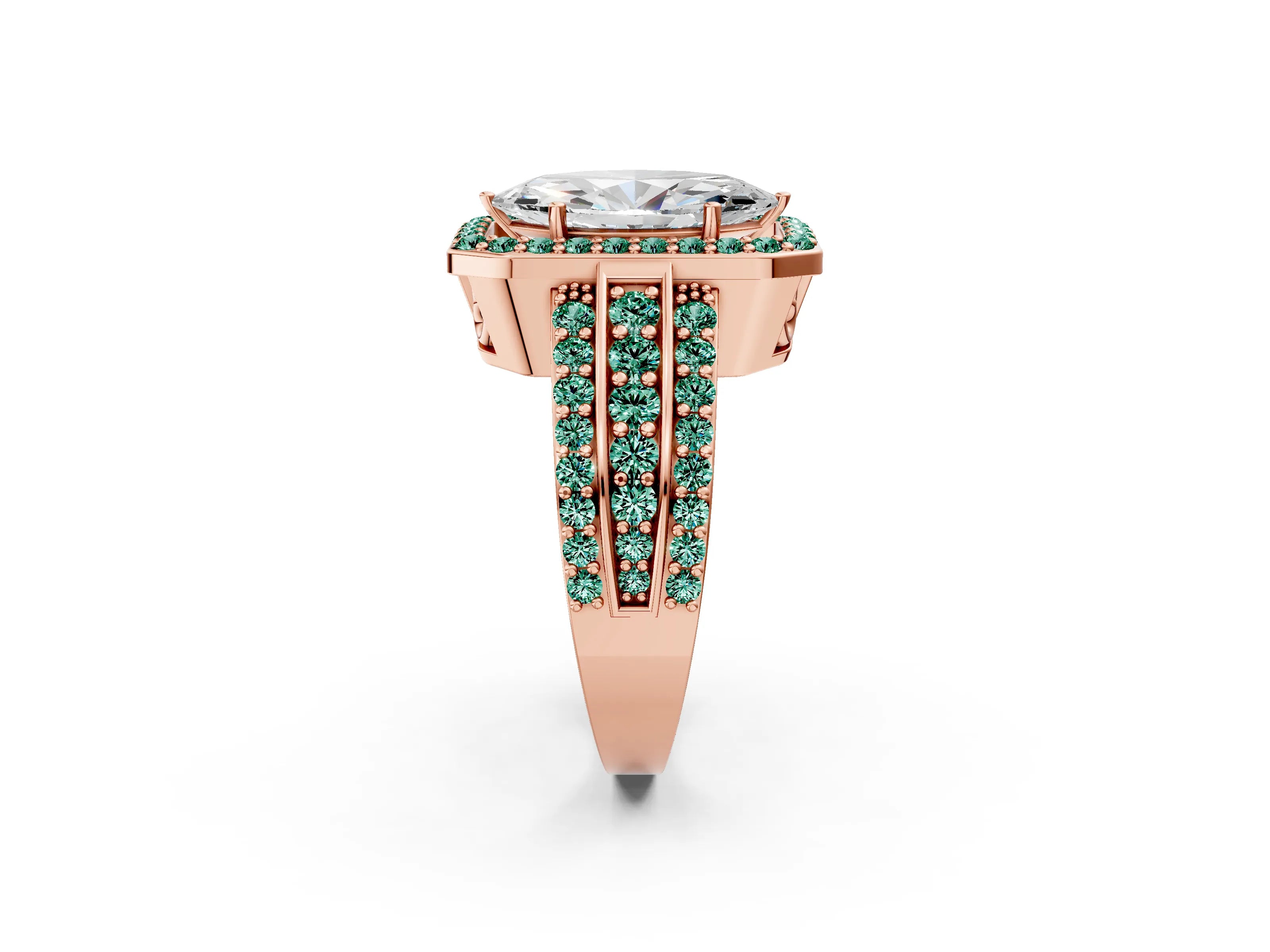 Rose gold Marquise Cut Halo Diamond Ring with Round with Green Sapphire side stone Split Shank and Prong Setting_2