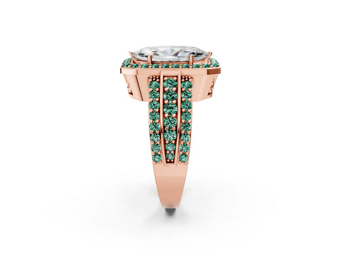 Rose gold Marquise Cut Halo Diamond Ring with Round with Green Sapphire side stone Split Shank and Prong Setting_2